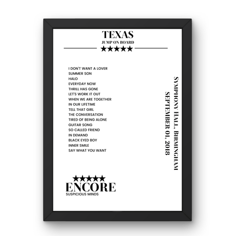 Texas Symphony Hall Birmingham 01 September 2018 Setlist Poster - Setlist