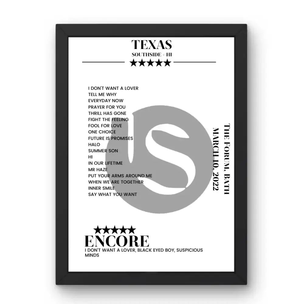 Texas The Forum Bath 10 March 2022 Setlist Poster - Setlist