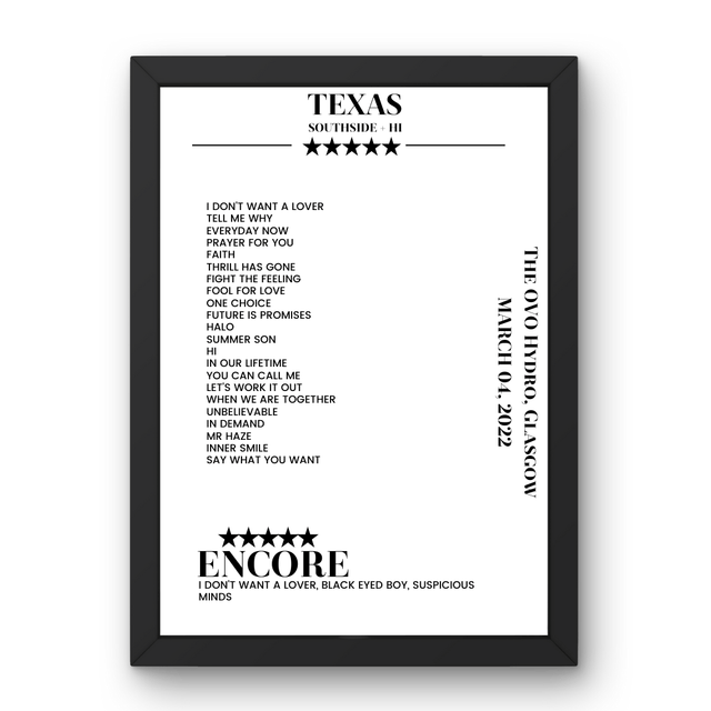 Texas The OVO Hydro Glasgow 04 March 2022 Setlist Poster - Setlist