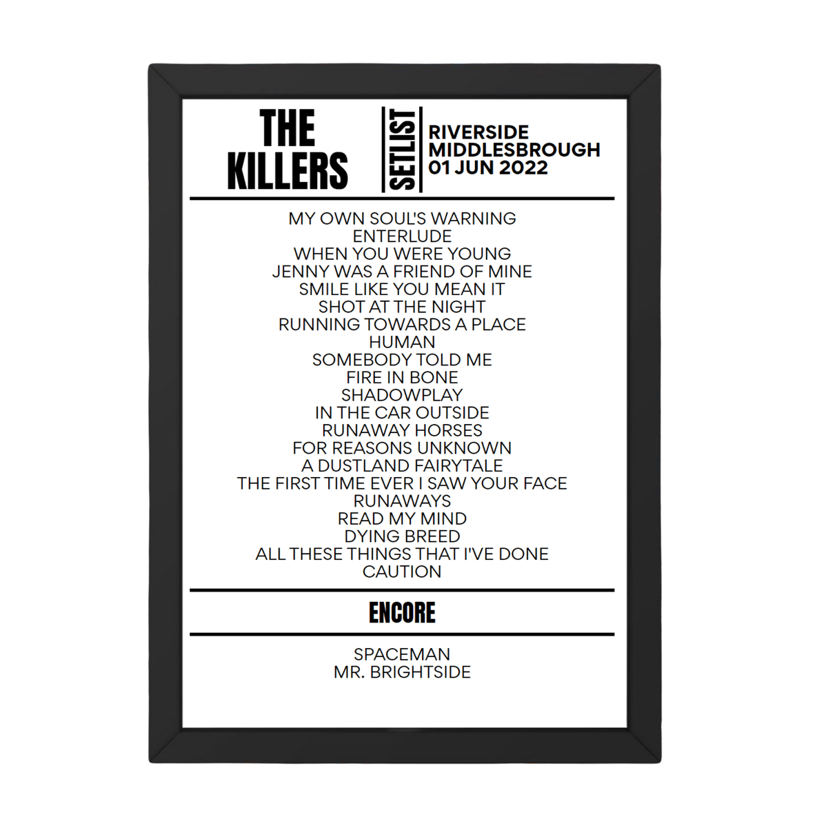 The Killers Middlesbrough June 2022 Replica Setlist - Setlist