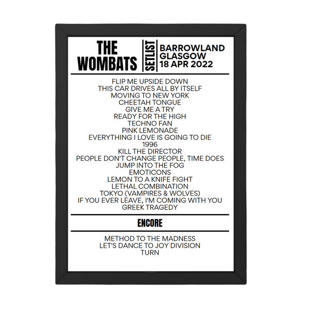 The Wombats Glasgow April 18, 2022 Replica Setlist - Setlist