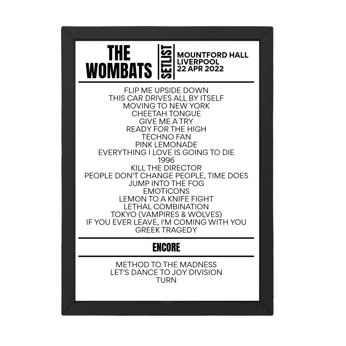 The Wombats Liverpool April 22, 2022 Replica Setlist - Setlist