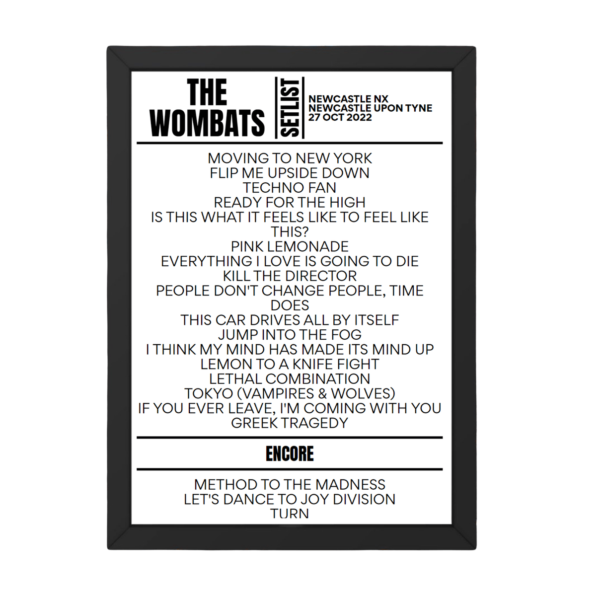 The Wombats Newcastle upon Tyne October 27, 2022 Replica Setlist - Setlist