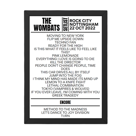 The Wombats Nottingham October 22, 2022 Replica Setlist - Setlist