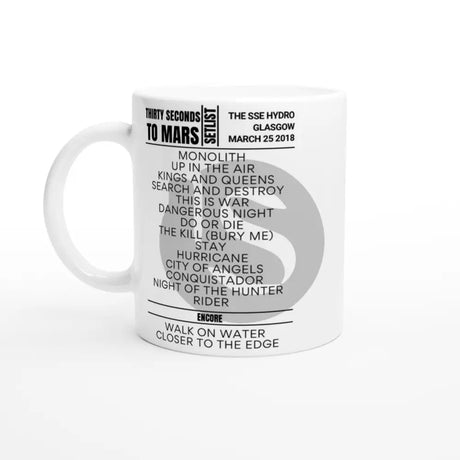 Thirty Seconds To Mars Glasgow March 25 2018 Setlist Mug - Setlist