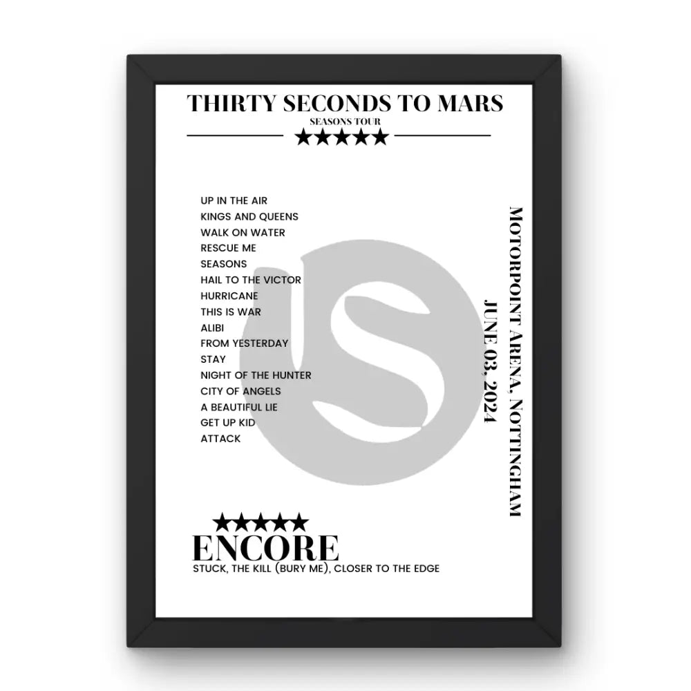 Thirty Seconds to Mars June 03, 2024 Motorpoint Arena Nottingham Setlist Poster - Setlist