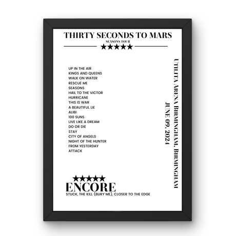 Thirty Seconds to Mars June 09, 2024 Utilita Arena Birmingham Birmingham Setlist Poster - Setlist