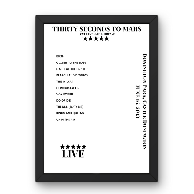 Thirty Seconds to Mars June 16, 2013 Donington Park Castle Donington Setlist Poster - Setlist