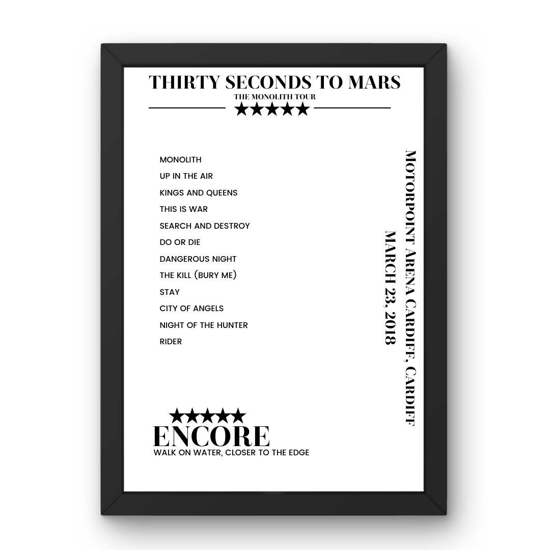 Thirty Seconds to Mars March 23, 2018 Motorpoint Arena Cardiff Cardiff Setlist Poster - Setlist