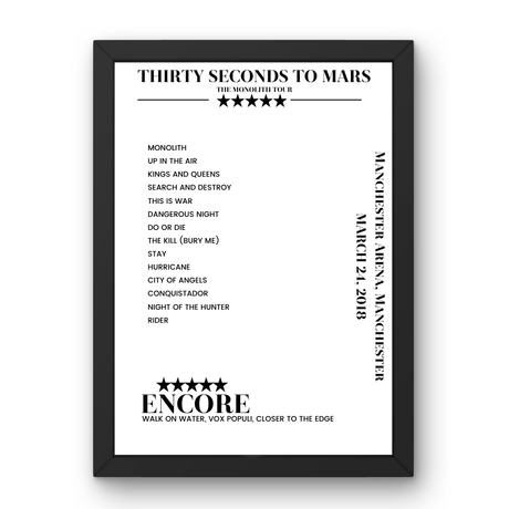 Thirty Seconds to Mars March 24, 2018 Manchester Arena Manchester Setlist Poster - Setlist