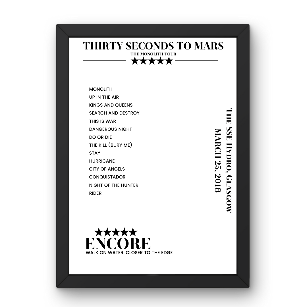 Thirty Seconds to Mars March 25, 2018 The SSE Hydro Glasgow Setlist Poster - Setlist