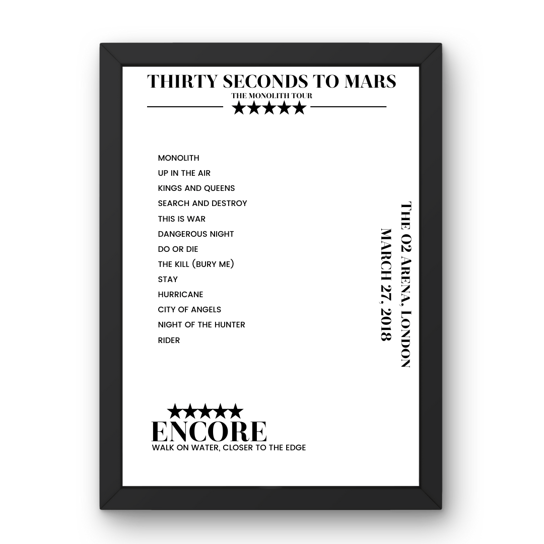 Thirty Seconds to Mars March 27, 2018 The O2 Arena London Setlist Poster - Setlist