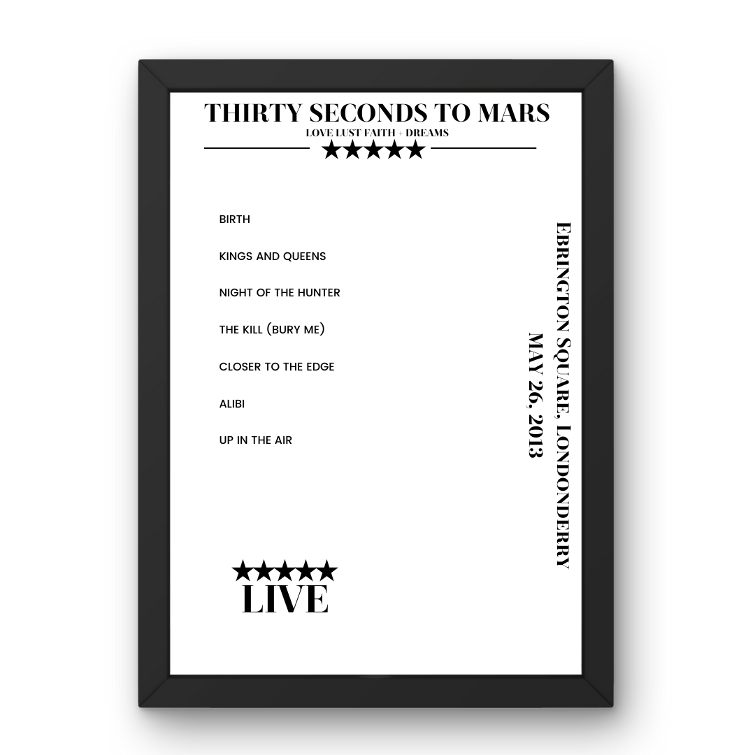 Thirty Seconds to Mars May 26, 2013 Ebrington Square Londonderry Setlist Poster - Setlist