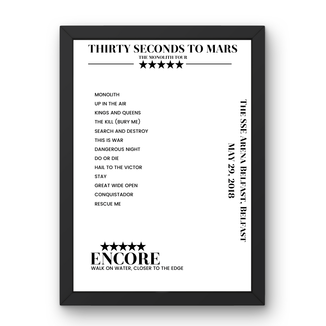 Thirty Seconds to Mars May 29, 2018 The SSE Arena Belfast Belfast Setlist Poster - Setlist