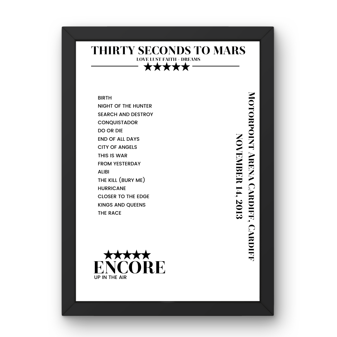 Thirty Seconds to Mars November 14, 2013 Motorpoint Arena Cardiff Cardiff Setlist Poster - Setlist