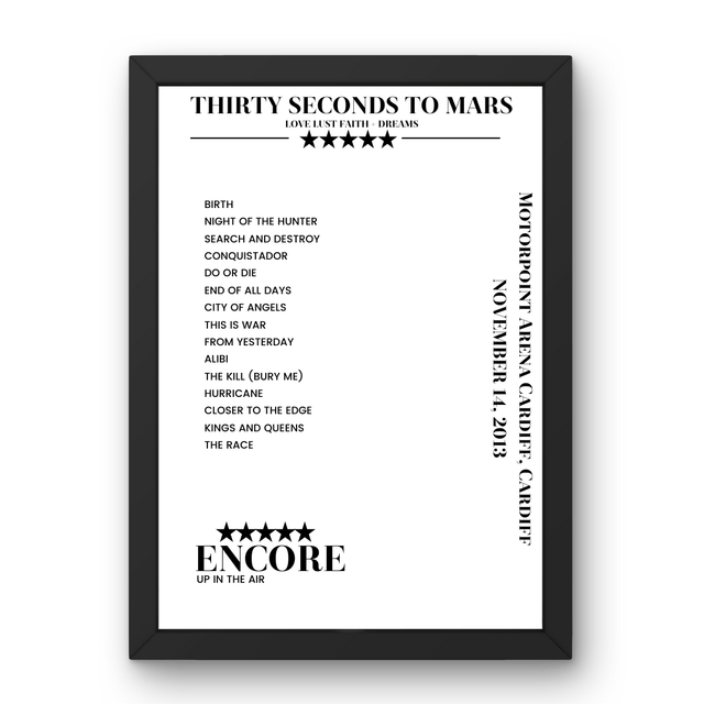 Thirty Seconds to Mars November 14, 2013 Motorpoint Arena Cardiff Cardiff Setlist Poster - Setlist