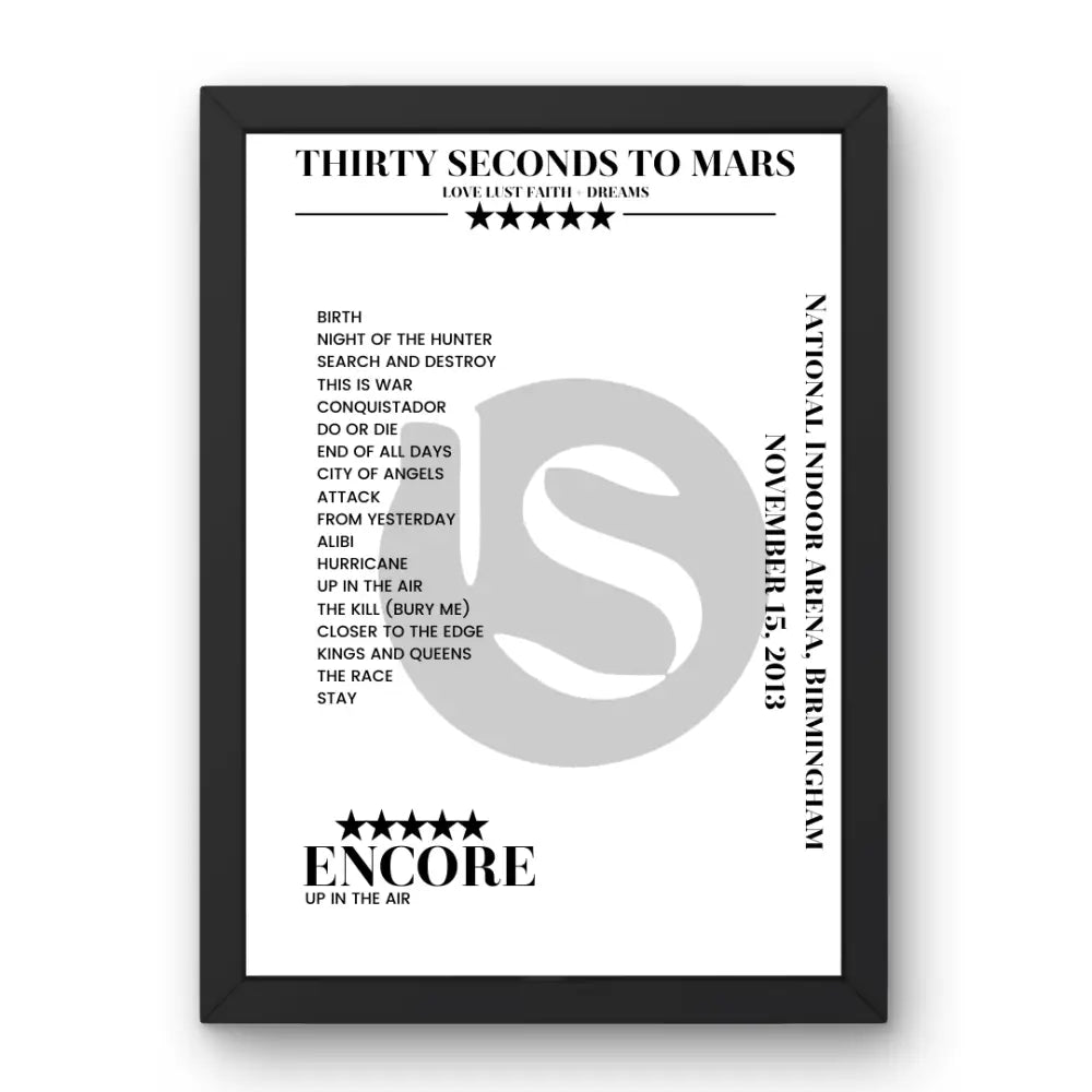 Thirty Seconds to Mars November 15, 2013 National Indoor Arena Birmingham Setlist Poster - Setlist