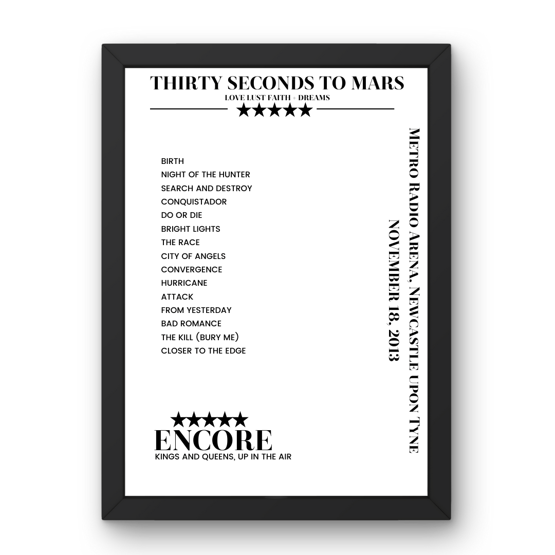 Thirty Seconds to Mars November 18, 2013 Metro Radio Arena Newcastle upon Tyne Setlist Poster - Setlist