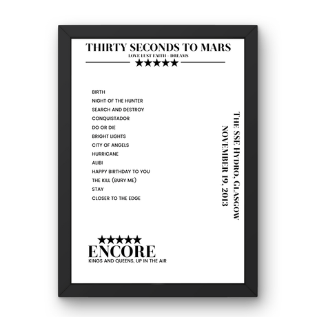 Thirty Seconds to Mars November 19, 2013 The SSE Hydro Glasgow Setlist Poster - Setlist