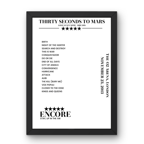 Thirty Seconds to Mars November 23, 2013 The O2 Arena London Setlist Poster - Setlist