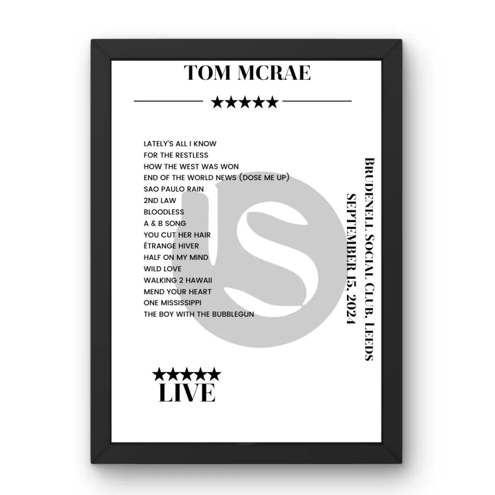 Tom McRae September 15, 2024 Brudenell Social Club Leeds Setlist Poster - Setlist