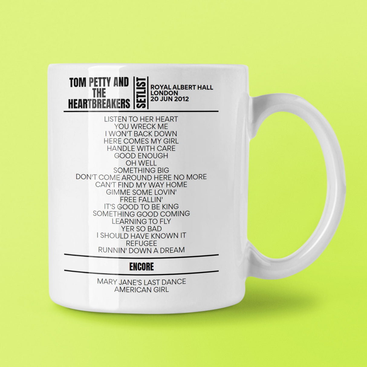 Tom Petty and the Heartbreakers London June 20, 2012 Replica Setlist Mug - Setlist