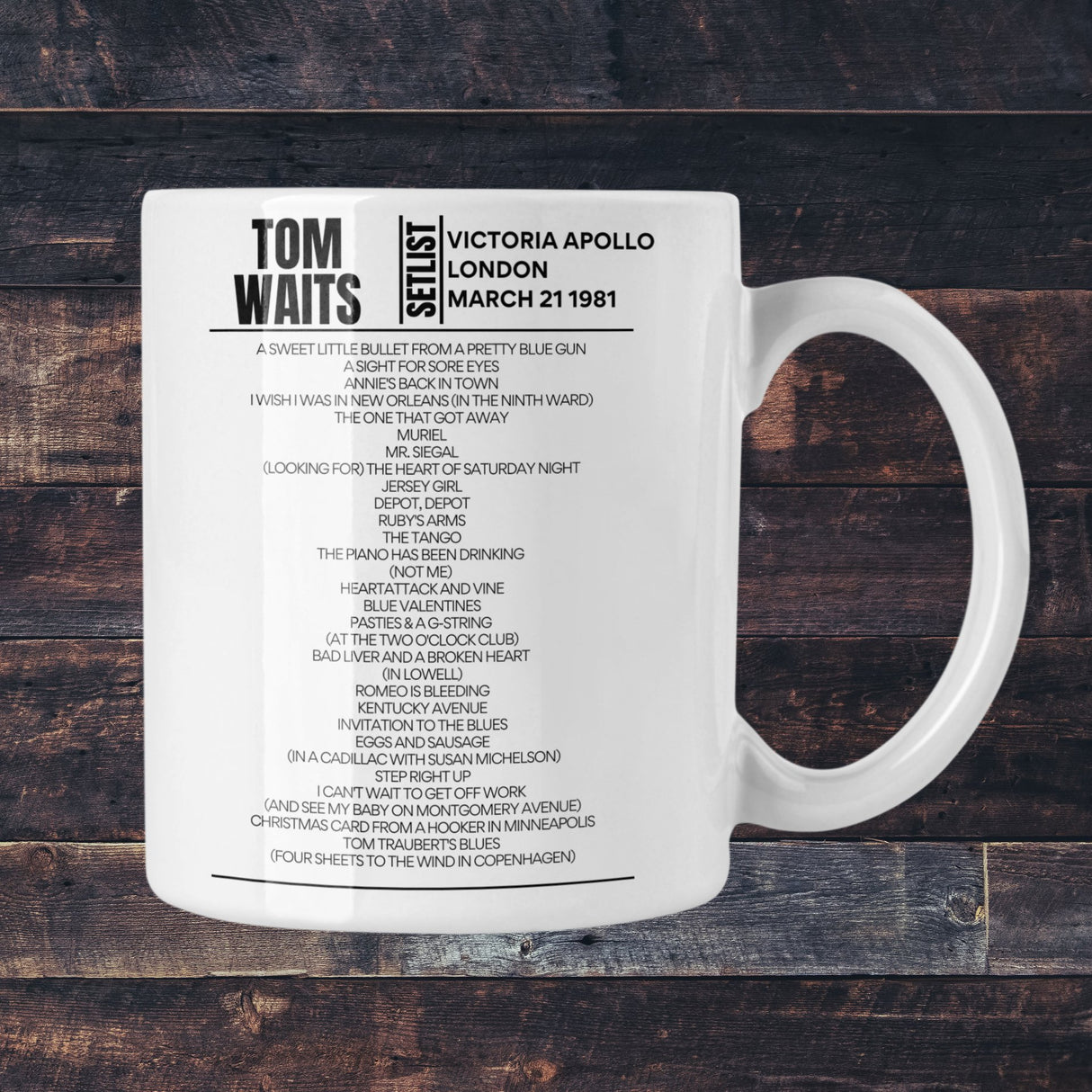 Tom Waits Victoria Apollo 1981 London Replica Setlist Mug - Setlist