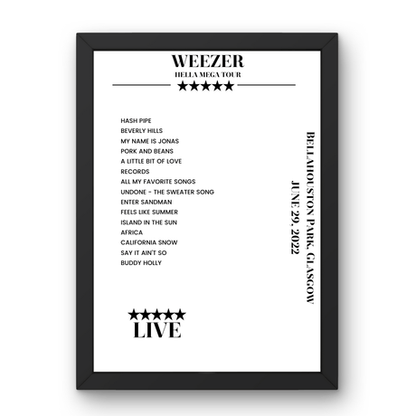 Weezer Bellahouston Park Glasgow 29 June 2022 Setlist Poster - Setlist