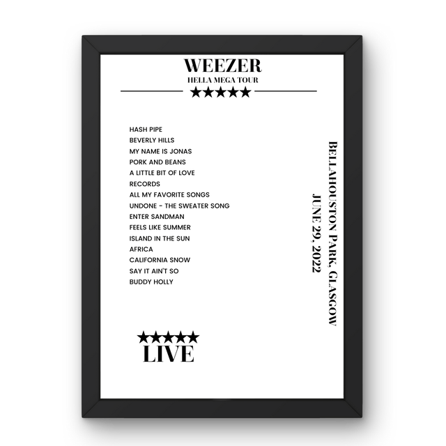 Weezer Bellahouston Park Glasgow 29 June 2022 Setlist Poster - Setlist