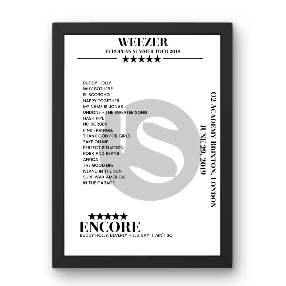 Weezer O2 Academy Brixton London 29 June 2019 Setlist Poster - Setlist