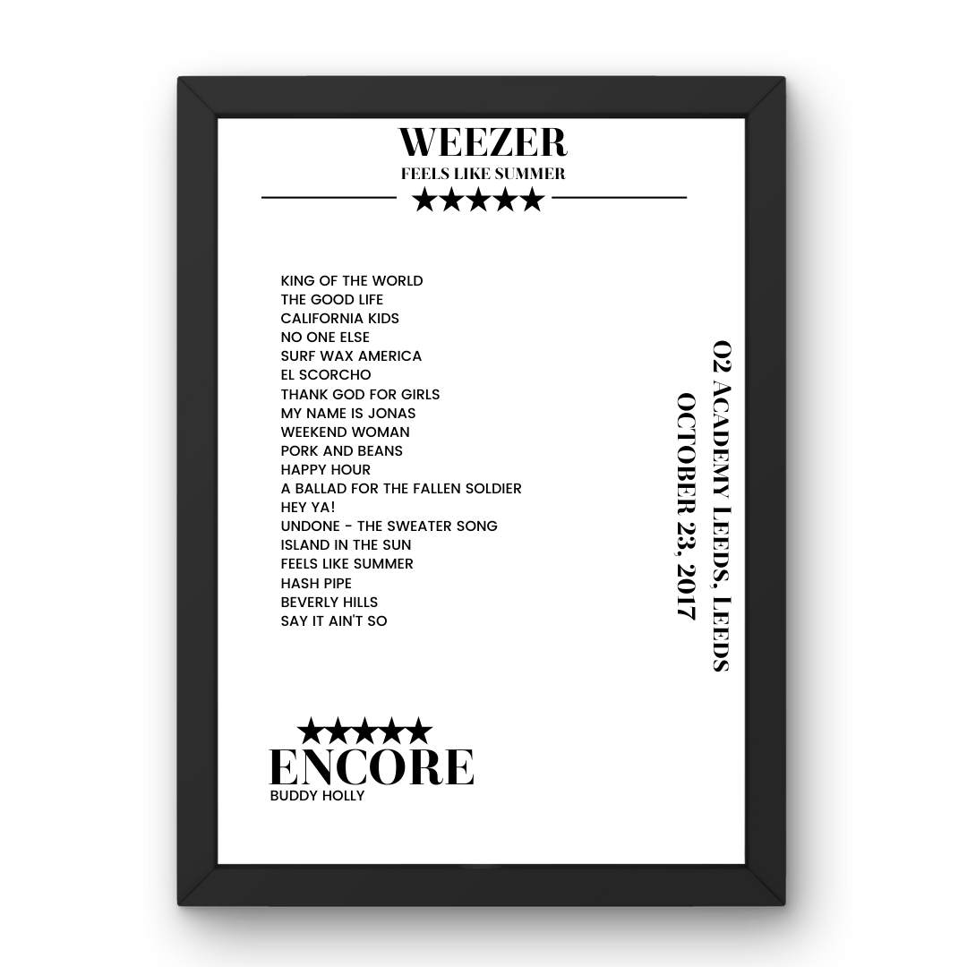 Weezer O2 Academy Leeds Leeds 23 October 2017 Setlist Poster - Setlist