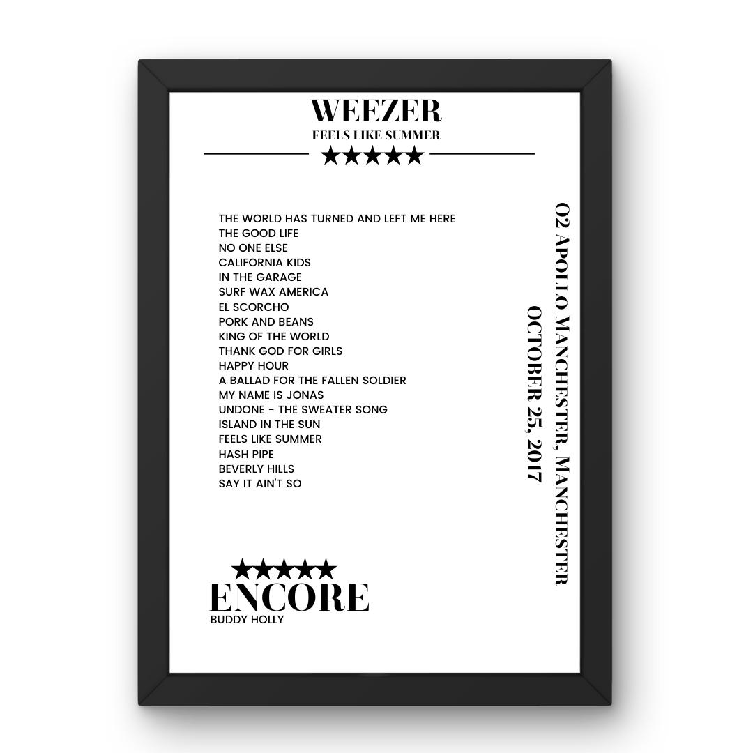 Weezer O2 Apollo Manchester Manchester 25 October 2017 Setlist Poster - Setlist