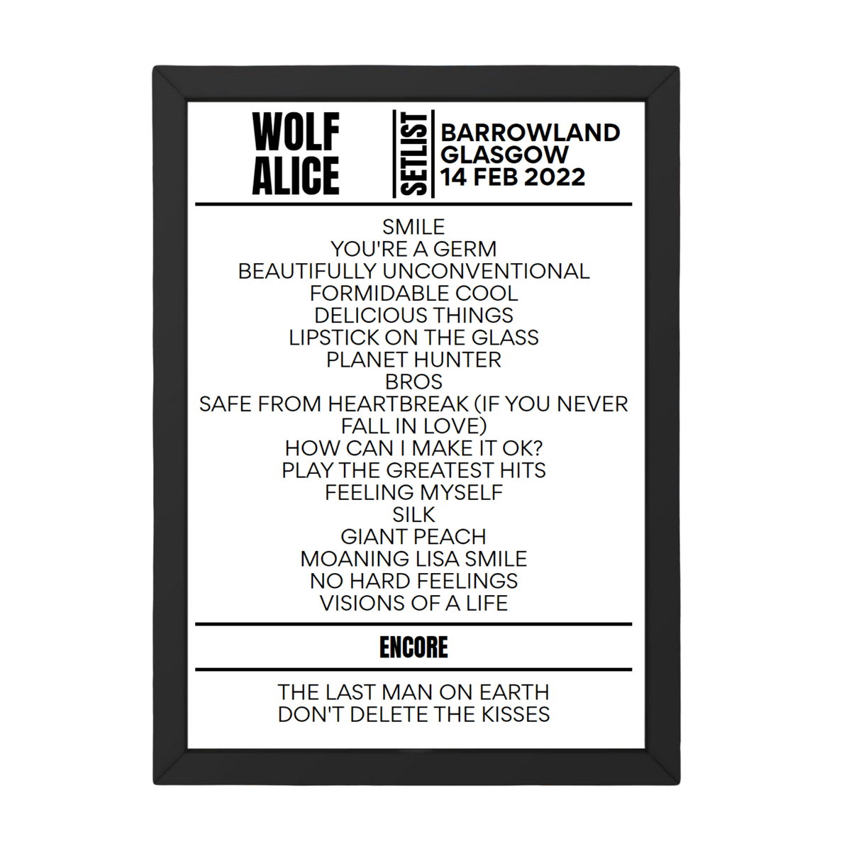 Wolf Alice - Glasgow - February 14th 2022 Replica Setlist - Setlist