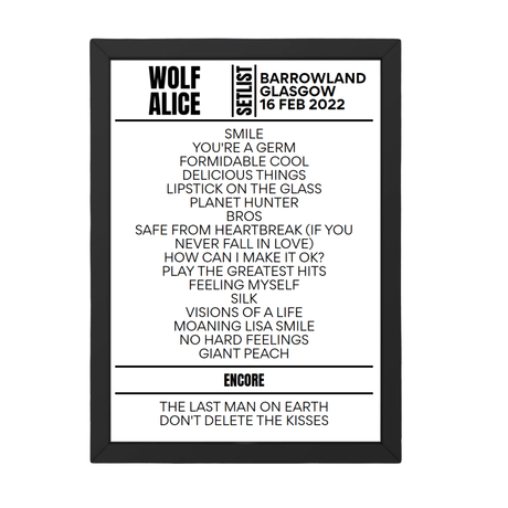 Wolf Alice - Glasgow - February 16th 2022 Replica Setlist - Setlist